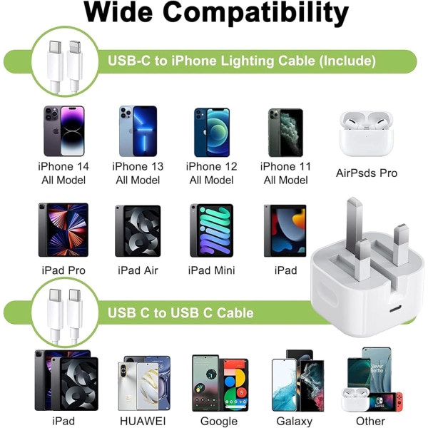 Hurtiglader 20W USB C Hurtiglader Stik og USB C til Lightning Opladningskabel 2M, Velegnet til iPhone13 14 15 13Pro 14Pro 15Pro