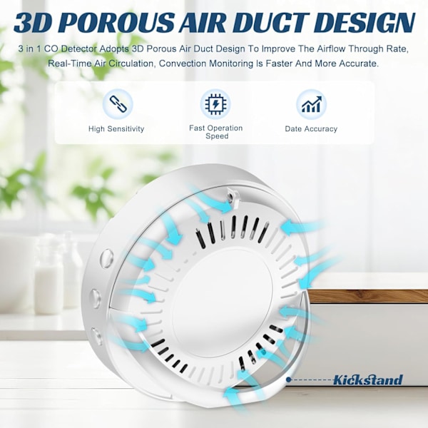 Kolmonoxid Detektor Mini CO-detektor med Inbyggd Temperatur- och Fuktighetssensor, CO-larm, Bakgrundsbelyst LCD-skärm, Vit