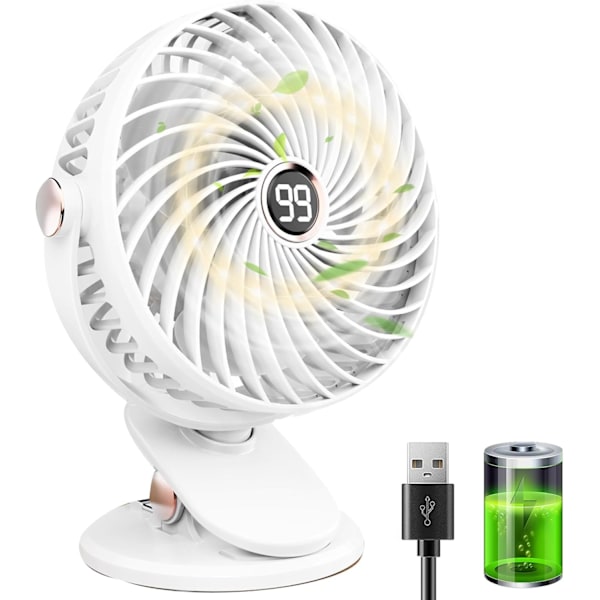 Bordventilator, Støjsvag USB-ventilator med klemme, 6000mAh Bærbar Mini Lille Ventilator, LED-display, 5 Hastigheder 720° Rotation, Skrivebordsventilator til Kontor Hjem Camping