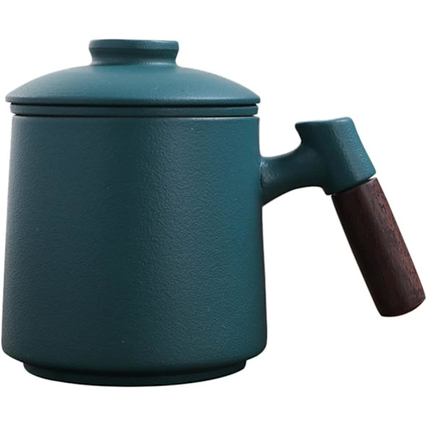 Keramisk Tekopp med Te-infuser og Lokk Tekrus Kopper i Trehåndtak Pottetekopp med Filter Kaffe Krus Melkekrus, 400ml
