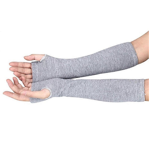 Dame Elastisk Myk Strikket Håndleddsvarmer Langermet Fingerløse Hansker Stripete (Lysegrå)