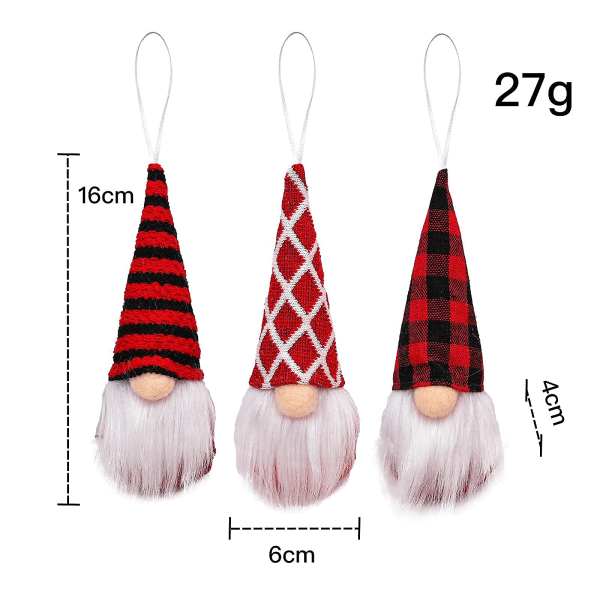 Gnome sæt med 3 juletræshængende dekorationer (røde nisser)