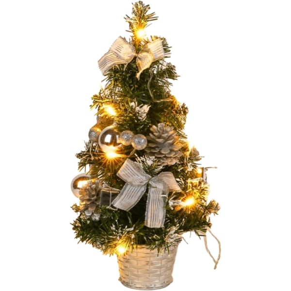 Lysande konstgjord julgran med vit snö, 40 cm liten bordsjulgran LED-ljusgirlanger med rosett och kotte