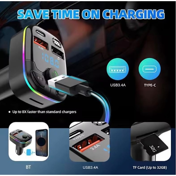 Bluetooth FM-lähetin autoon, langaton handsfree-puhelu, MP3-soitin, kaksois-USB-tuki SD-kortille, USB- ja muistitikulle (lähetin + USB-C-kaapeli)