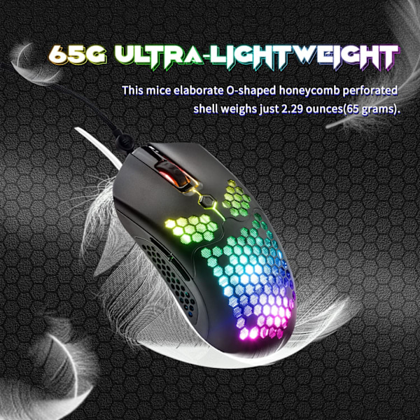 65G Trådløs Lett Spillmus, 26 RGB Bakgrunnsbelyst USB Spillmus med 7 Programmerbare Knapper, med Ultralett Ergonomisk Honningkakedesign