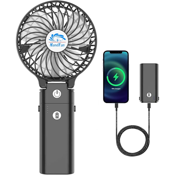 5200mAh Håndholdt Ventilator, 3 Hastigheder, Bærbar, 180° Foldbar, med Powerbank Funktion og Genopladelig Personlig Bordventilator, 3 i 1, Kraftig Luftstrøm