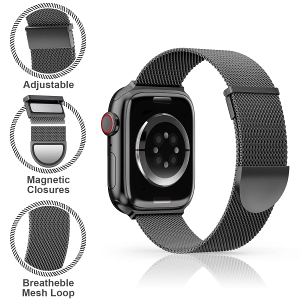 Apple Watch-reimer 49 mm - Dobbel magnetisk justerbar erstatningsreim - Svart glatt rustfritt stål