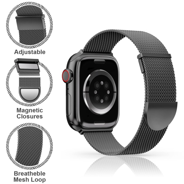 Apple Watch-remme 49 mm-dobbelt magnetisk justerbar erstatningsbånd-sort glat rustfrit stål metal