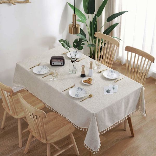 Bomullslinneduk enfärgad tofs fyrkantig bordsduk damm(Beige, 140x140 cm)