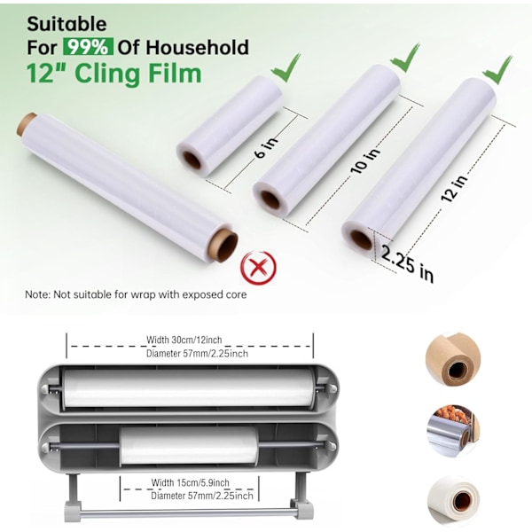 2+1 Kjøkkenfilmdispenser og -kutter med papirhåndkleholder, kompatibel med kjøkkenfilm, aluminiumsfolie og bakepapir