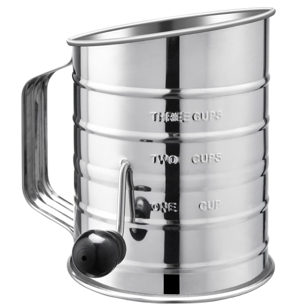 Stainless Steel Flour Sifter,Rotary Hand Crank Flour Sieve with 4 Wire Agitators for Quick Sifting, with 20 Fine Mesh Screen