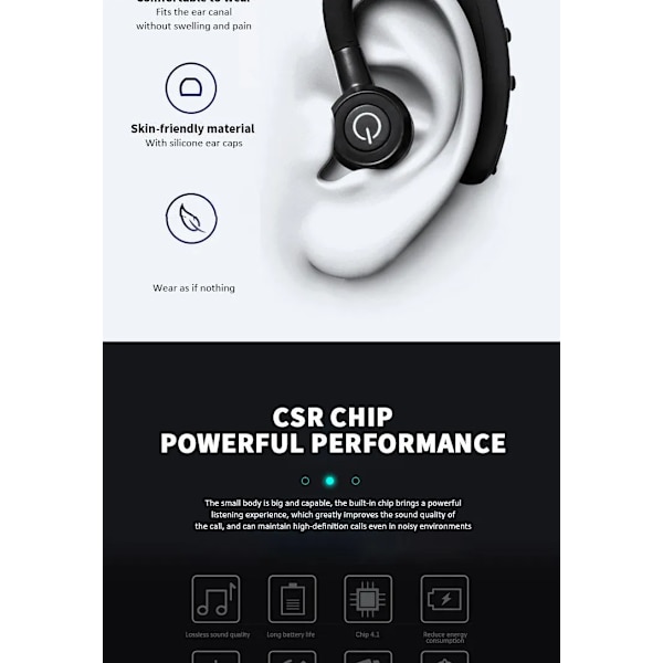 Trådløst Bluetooth-hodetelefonsett med mikrofon, stemmestyring, stereohodetelefoner, støyreduksjon, ørepropper, handsfree, forretningshodetelefoner for iOS Android