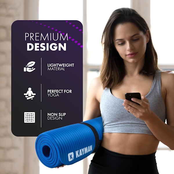 Yogamatta – Multifunktionell Extra Tjock Skumträningsmatta – Idealisk Golvmatta för Pilates, Stretching, Styrketräning & Terapi – 183 x 60 cm (Blå)