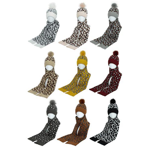 Damhatt och Scarfs Set, Leopardmönstrad Fleece Pom Pom Mössa White