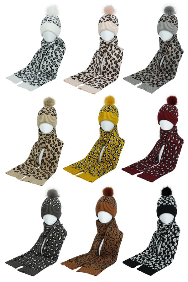 Hatt- og skjerfsett for kvinner, leopardmønstret fleece dusk lue White
