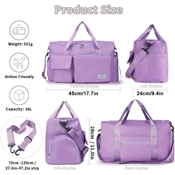 Treningsbag for menn og kvinner - Duffelbag med sko-rom - Weekend-reisebag for kvinner - Foldbar vanntett reisebag