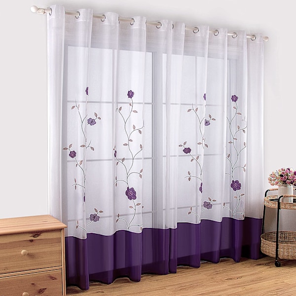 Verhosetti, 2 kpl, läpivientiverhot kukkakirjailulla, läpikuultavat, makuuhuoneeseen, keittiöön, olohuoneeseen, 140cmx175cm, violetti