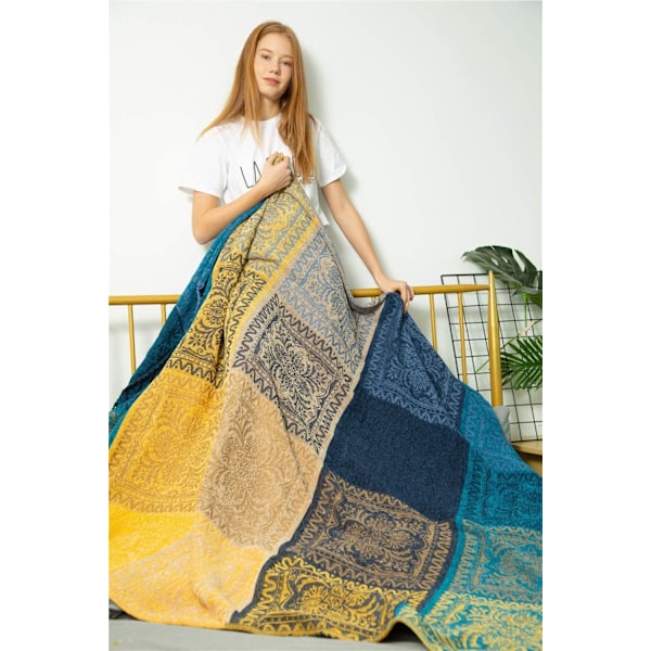 Bohemian Tribal Kast tæpper Reversible Farverige Rød Blå Boho Hippie Chenille Jacquard Stof Kast(Blå, L 102x87in)