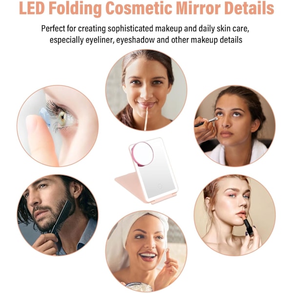 Foldbart Makeup Spejl, Bærbart Belyst Makeup Spejl med 10x Forstørrelse, Genopladeligt Spejl med 3 Lyse Farver (Hvid) White