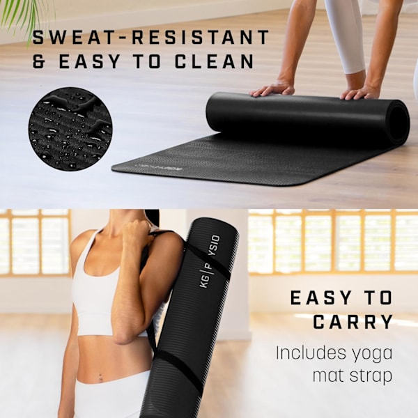 Yogamatte | Tykke yogamatter for kvinner og menn | Treningsmatter i skum | Tykk sklisikker treningsmatte Pilatesmatte (15 mm svart)