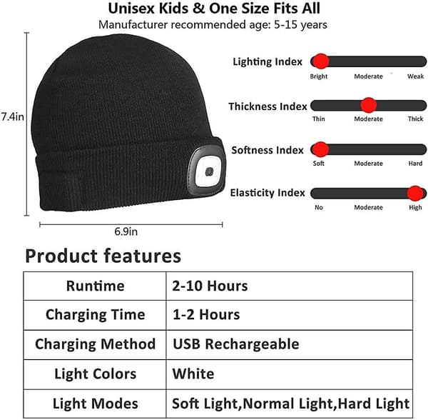 LED-belyst lue for barn. Oppladbar 4 LED-hodelykt-lue. Strikket vinterlue