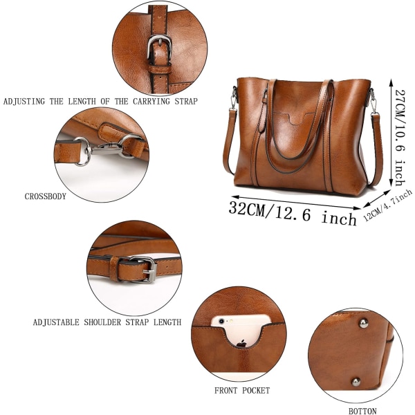 Damehåndtasker Blødt læder Stor kapacitet Retro Vintage Top-håndtag Casual Pocket Tote Skulder Cross-body tasker