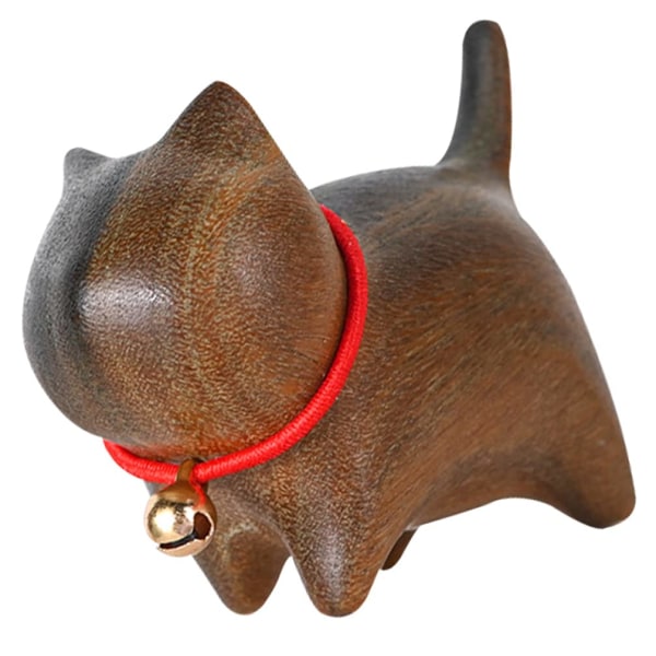 Wooden Cat Figurine Mini Carving with Bell Office Decor Brown