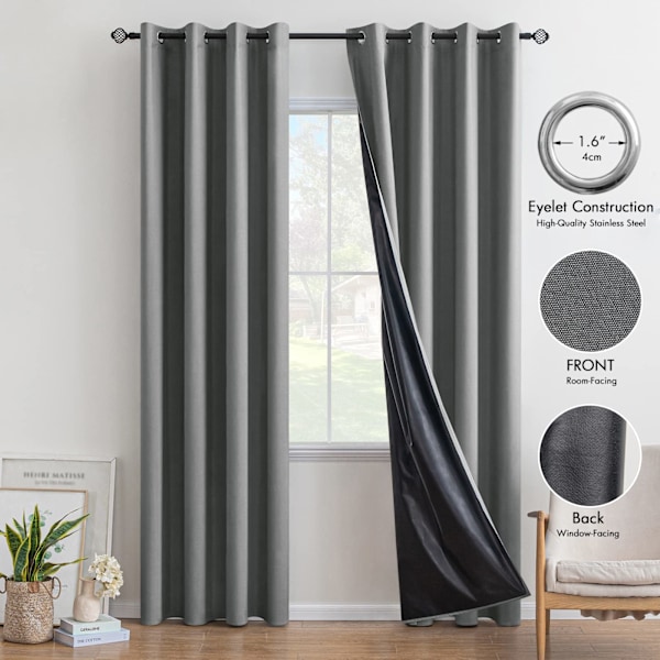 Set med 2 mörkläggningsgardiner Termiskt isolerade Anti-UV Solskydd Dekoration för Vardagsrum Kök Sovrum 132X160CM (LXH) Grå