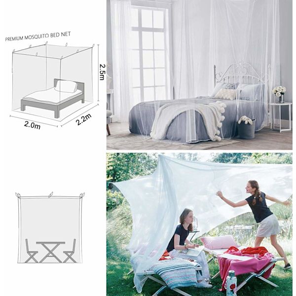 Myggnät för dubbelsäng 4 hörnstolpar Elegant myggnät sänghimmel set, skärmnät baldakin gardiner (vit)