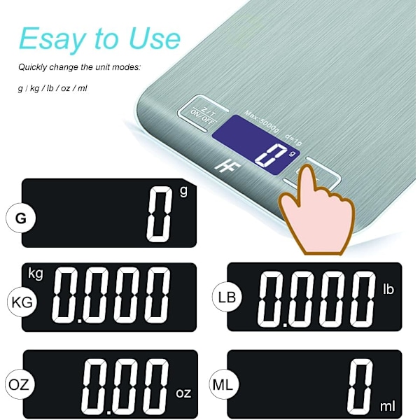 Enimmäiskapasiteetti 5 kg, lisäys 1 g, mittaa unssissa, paunoissa ja grammoissa, millilitroissa, nesteunssissa