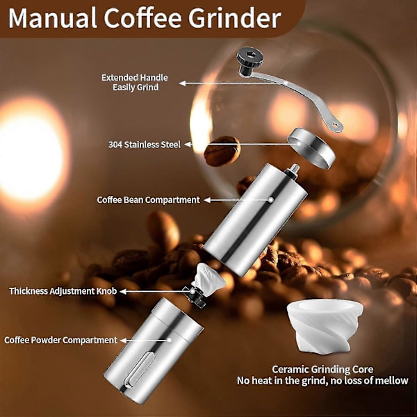 Manuell Kaffekvarn Rostfritt Stål Manuell Kaffe Burr Kvarn Handvev Kaffekvarn med Justerbar Böna 18cm