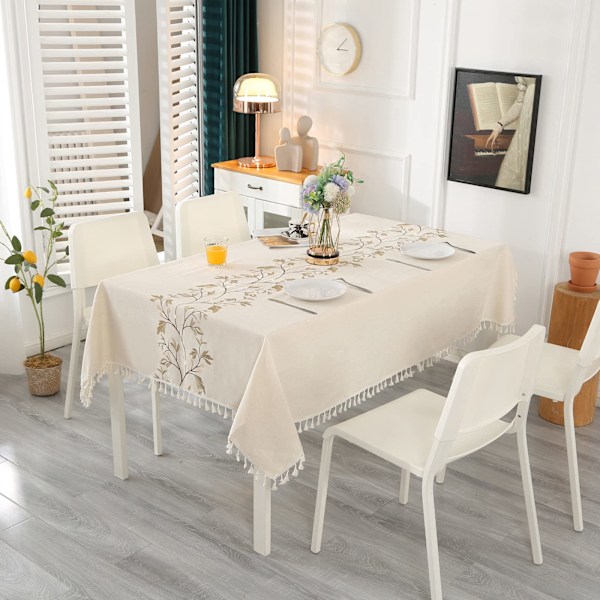 Beige Rektangulær Flekkbestandig Duk Vaskbar Bomull og Lin Bordduk med Brun Bladbroderi & Frynser 140 x 180 cm