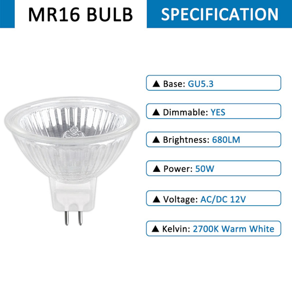 Halogenpære GU5.3 50W 12V, 800lm Varmhvit 2700K Dimbar 6stk