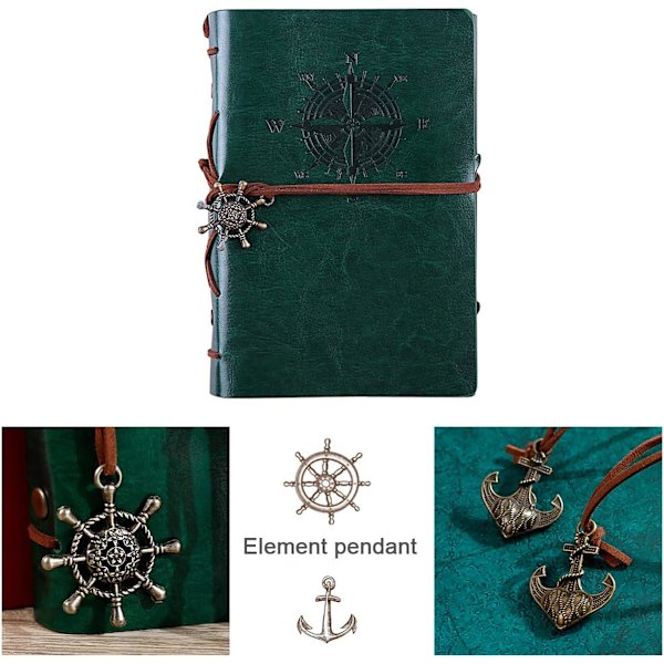 Vintage Retro PU Læderomslag Notesbog Journal Dagbog, Nautisk Spiral Tom Streng Daglig Notesblok Rejse til at Skrive i, Kraftpapir, Retro Vedhæng Dark green