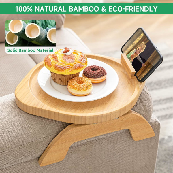 Bambussofaarmbrettbord med roterende mobilholder, stabilt sofaarmlen, clip-on sofabrettbord for brede sofaer