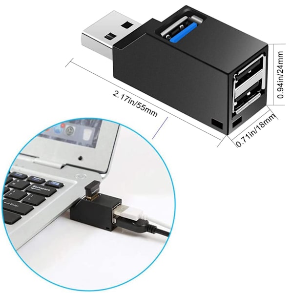 USB-hubb, 3-portars hubb (2 USB 2.0 + USB 3.0), adapter med hög hastighet för PC, bärbar dator, stationär dator, XPS, Macbook, Surface Pro, USB-minnen, mobil hårddisk