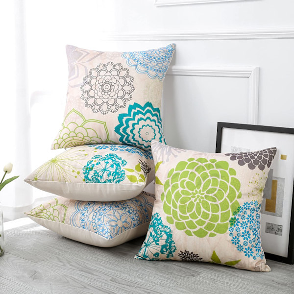Putetrekk, Sett med 4 Lin Sofa Putetrekk for Stue Soverom Hjemmeinnredning, 45x45cm (Dahlia Blå og Grønn)