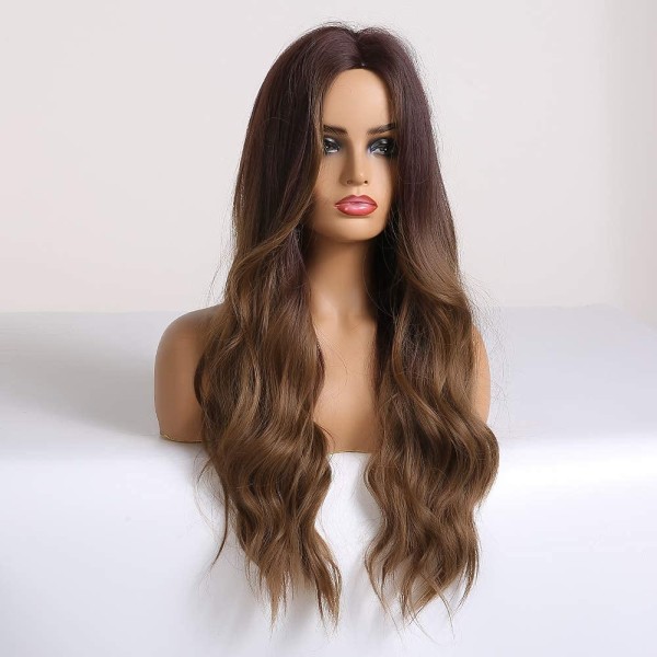 Lång brun peruk syntetisk vågig peruk för kvinnor, kvinnlig daglig hår