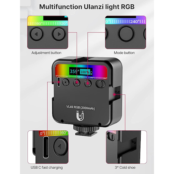 RGB Videoljus, VL49 Mini 360° Full Color Kameraljus, 2500K-9500K Laddningsbara Fotograferingslampor, LED-Panel Fotograferingsbelysning