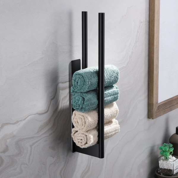 Handdukshållare i rostfritt stål, dubbel tvåarmad självhäftande handdukshållare för gäster, väggmonterad handdukshållare för badrum kök svart