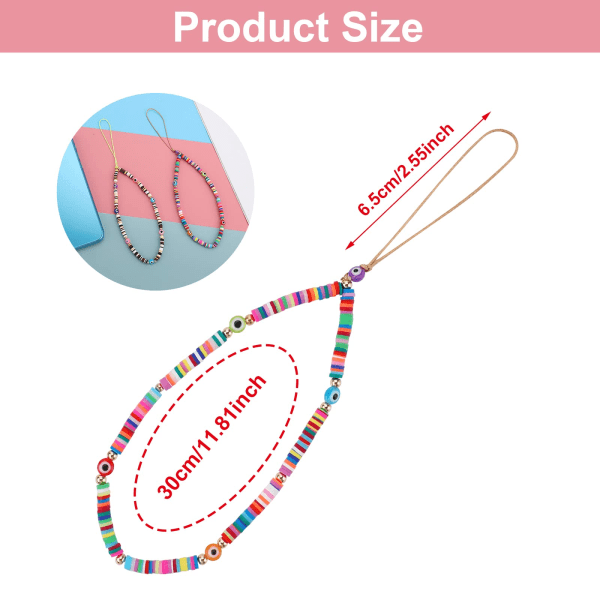 2 kpl puhelinkoruja - helmillä koristeltu puhelinketju sateenkaaren savihelmillä - matkapuhelimen lanyardinauha avaimenperä paha silmä