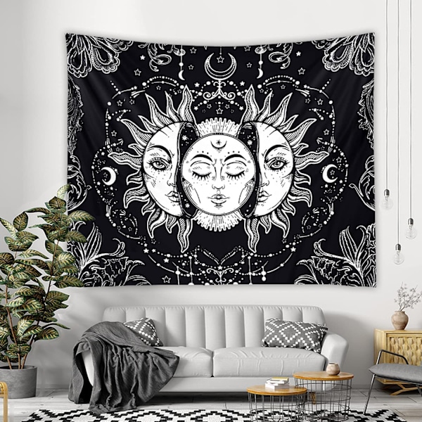 Kuu & Aurinko Seinävaate Luonto Seinäkangas Makuuhuoneen Koristelu Boheemi Seinäkoriste Psykeedeelinen Kangas Japanilainen Seinävaate (Mustavalkoinen, 150x200cm)