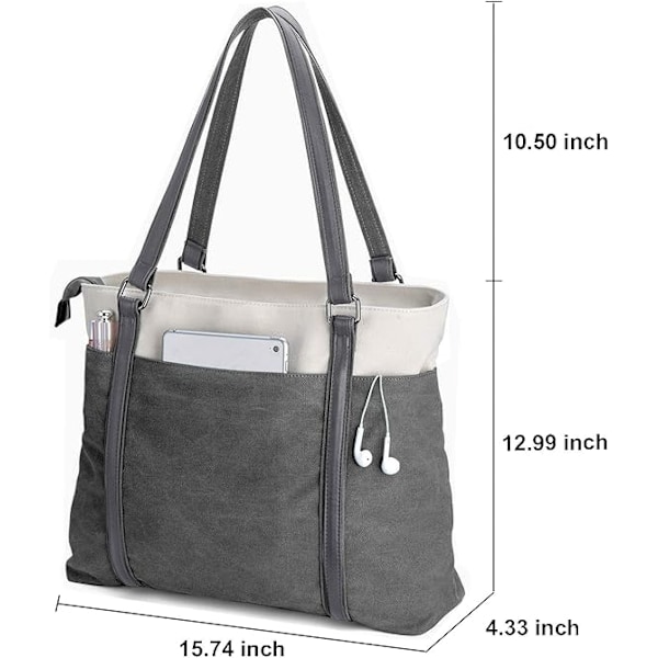 Laptopväska för damer, lätt canvasväska med skarvning för 15,11 tums laptops Grey