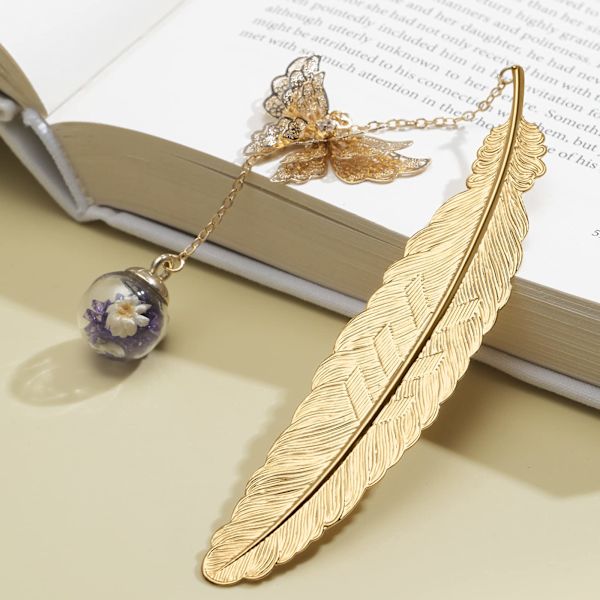 Metal Butterfly Feather Bookmark Gift-Golden.purple White Flower