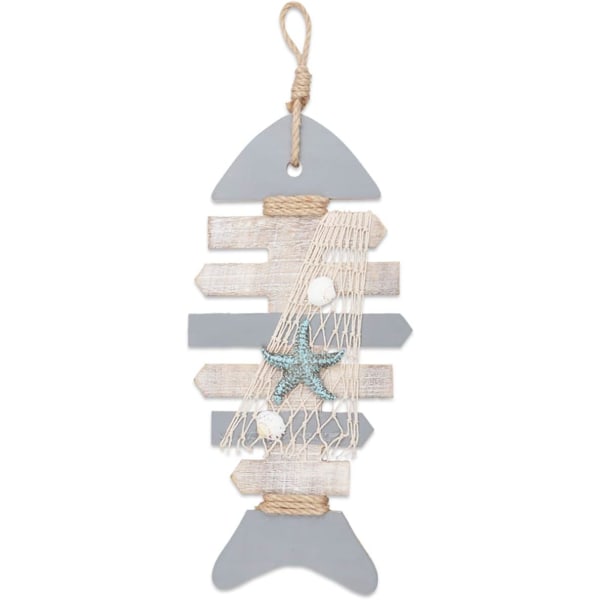 40 CM Fiskeskjelett i tre med sjøstjerner og skjell for nautisk dekorasjon, veggdekor Dørhengende ornament Strandtema Hjemdekorasjon