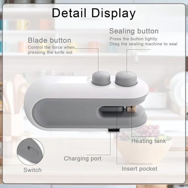 USB-C Oppladbar Poseforsegler, 2-i-1 Poseforsegler Varmeforsegler med Kutter og Magnet, Mini Poseforsegler for Plastpose Snackpose (Mørkeblå)