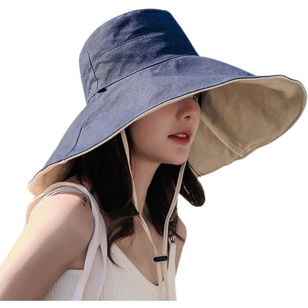Dame 5,5" UV-beskyttelse solhatt vendbar utendørs bøttehatter i bomull med hakestropp avtakbar, blå