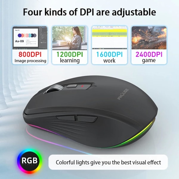2.4G+BT5.1 Trådlös Mus för Datorspel Ergonomisk Design 4-växlad Justerbar DPI Inbyggt Uppladdningsbart Batteri för Laptop
