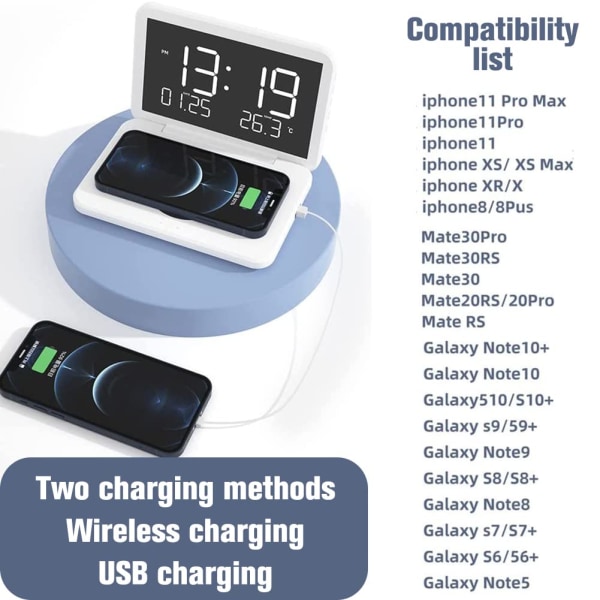 Trådløs lader vekkerklokke, multifunksjonell elektronisk kalender vekkerklokke temperatur digital vekkerklokke, med kosmetisk speil