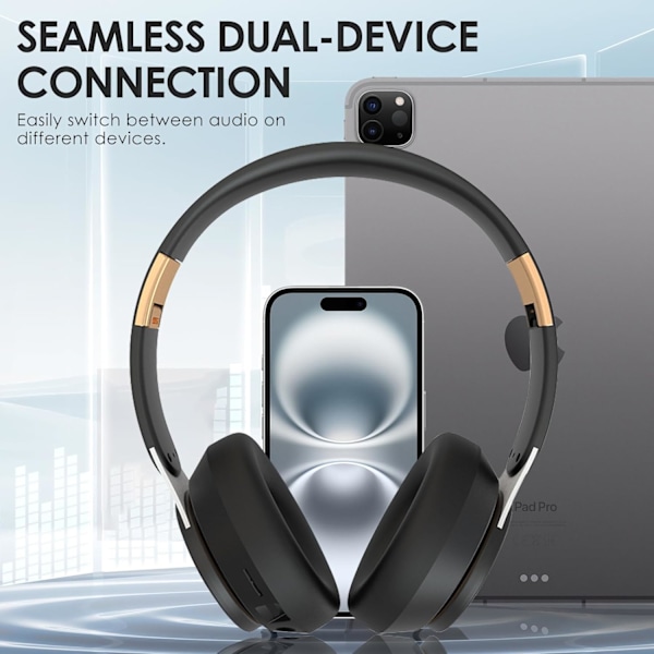 Bluetooth Trådløse Hovedtelefoner, Foldbare, HiFi Stereo Hovedbøjle Hovedtelefoner med Mikrofon, Multi-point Forbindelse, 5.2 Hovedtelefoner til PC/Telefon (Sort)